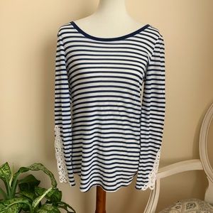 American Eagle Blue and White Striped Lace Top